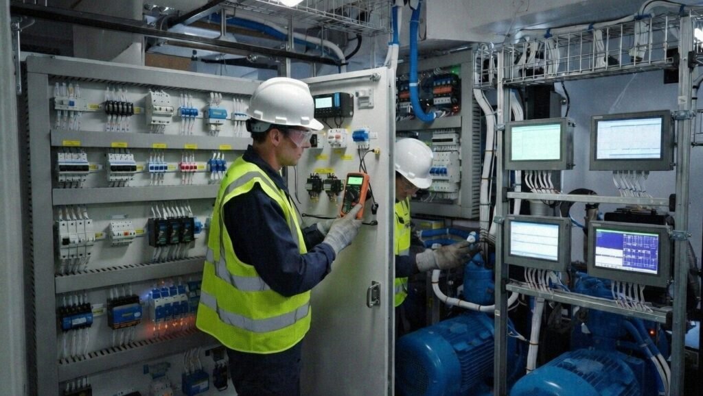 Técnicos de BQ HeavyFix realizando mantenimiento en tablero eléctrico y motores en sala de máquinas naval para mejorar la seguridad y reducir disparos inesperados.