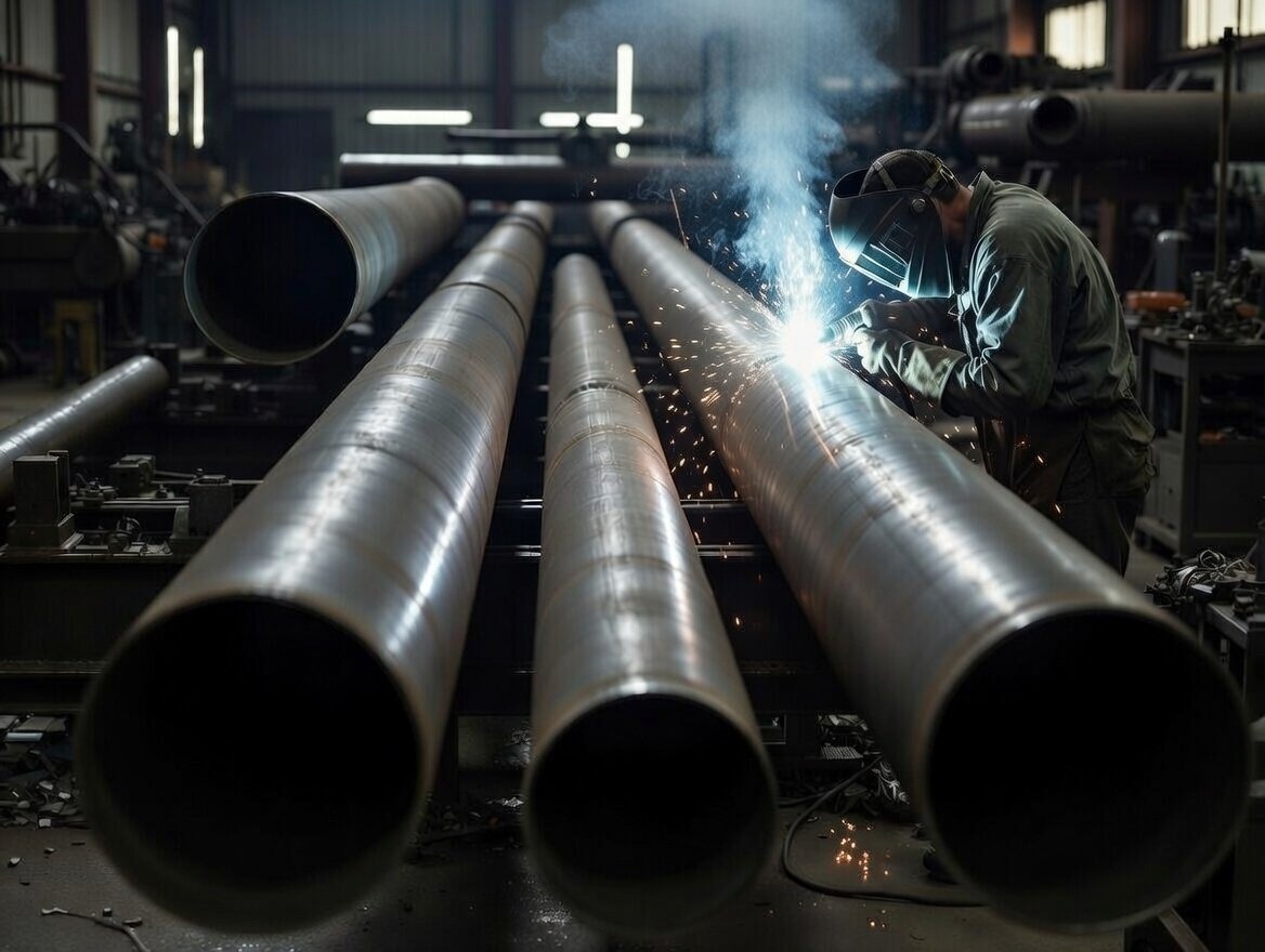 Soldador industrial trabajando sobre tuberías metálicas en un taller, realizando una unión con arco eléctrico y chispas visibles.