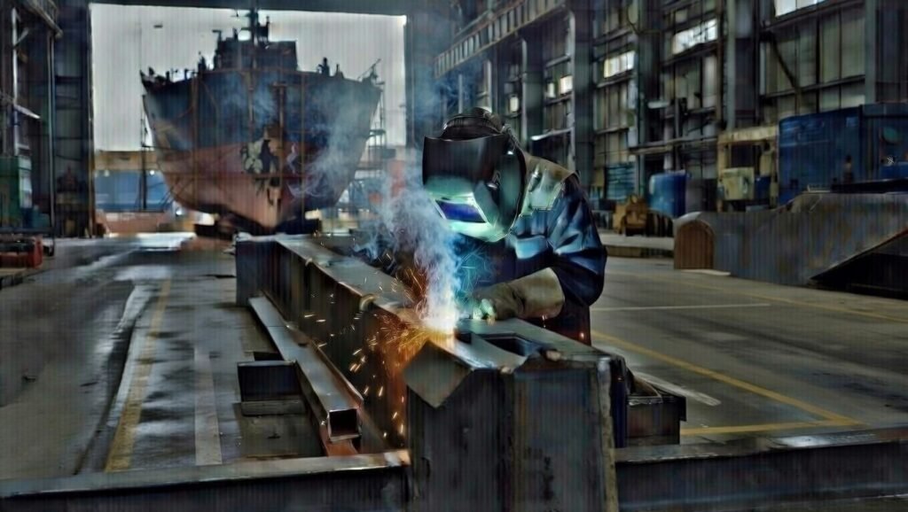 Soldador con EPP completo realizando soldadura por arco sobre estructura metálica en astillero, con chispas visibles, representando servicios de soldadura y fabricación metálica naval e industrial.