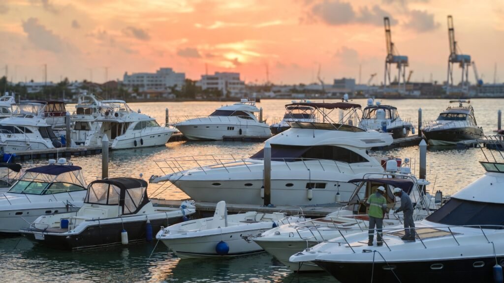 Yates blancos atracados en una marina del Caribe colombiano al atardecer, con técnicos realizando mantenimiento preventivo en cubierta, representando servicios de reparación y cuidado para embarcaciones de recreo en la costa de Colombia.
