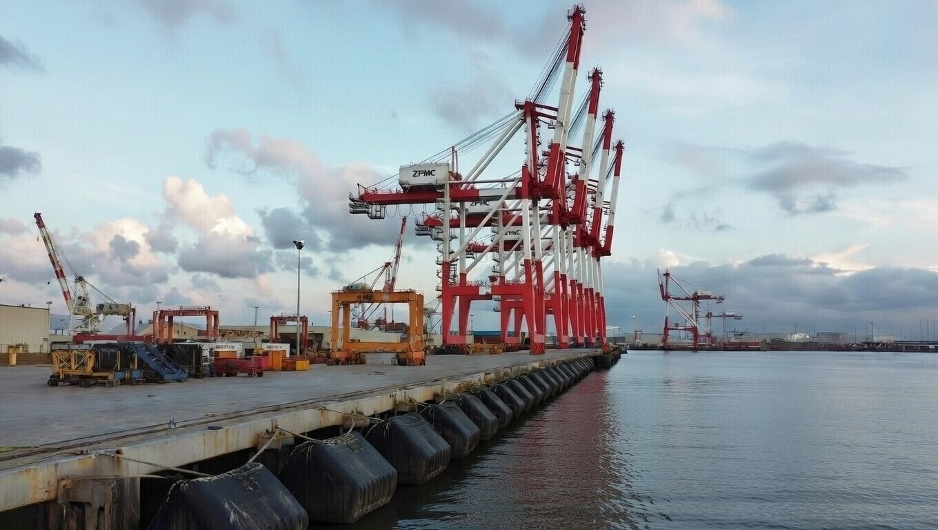 Aerial drone view of a busy container port at dawn, showing Yokohama pneumatic fenders along the pier and large red ZPMC gantry cranes extending over the water.