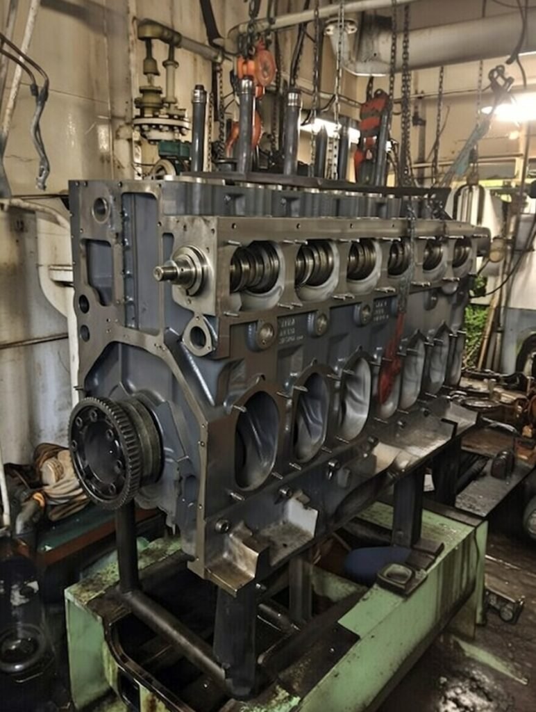 Engine room of a ship with mechanical equipment under maintenance by BQ HeavyFix in Barranquilla.